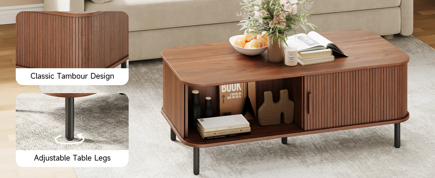 Mid-Century Modern Sliding Tambour Door Coffee Table with Storage – 47.2" Rectangular Wood Center Table