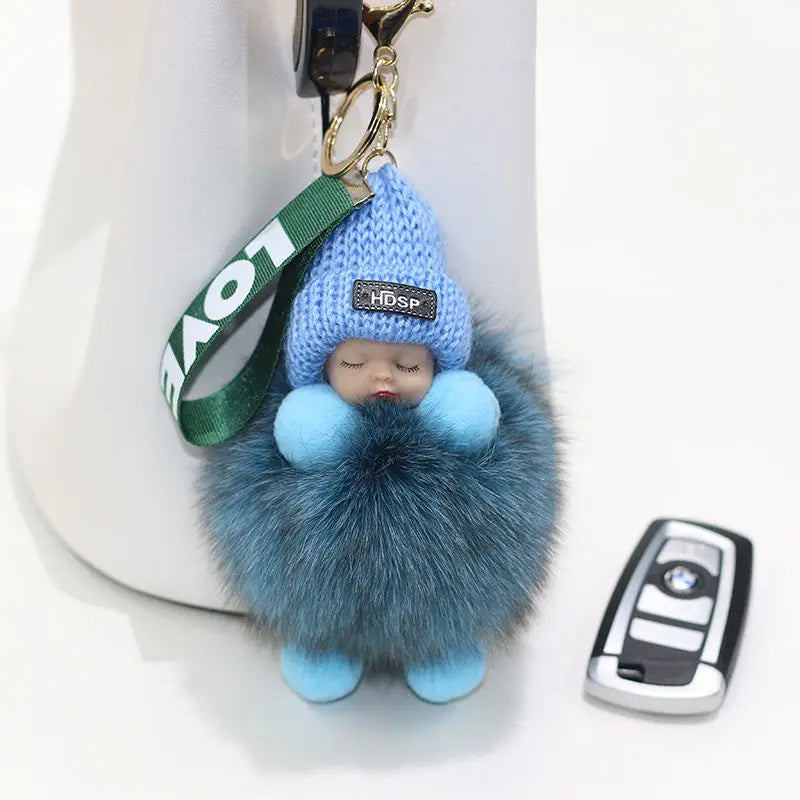 Cute Fluffy Pompom Sleeping Doll Keychain Women's Handbag Car Keyrings Real Fox Fur And Rabbit Fur Charming Gift Decoration