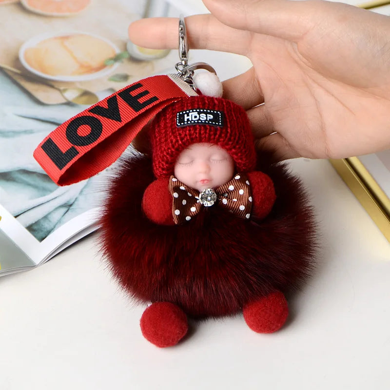Cute Fluffy Pompom Sleeping Doll Keychain Women's Handbag Car Keyrings Real Fox Fur And Rabbit Fur Charming Gift Decoration