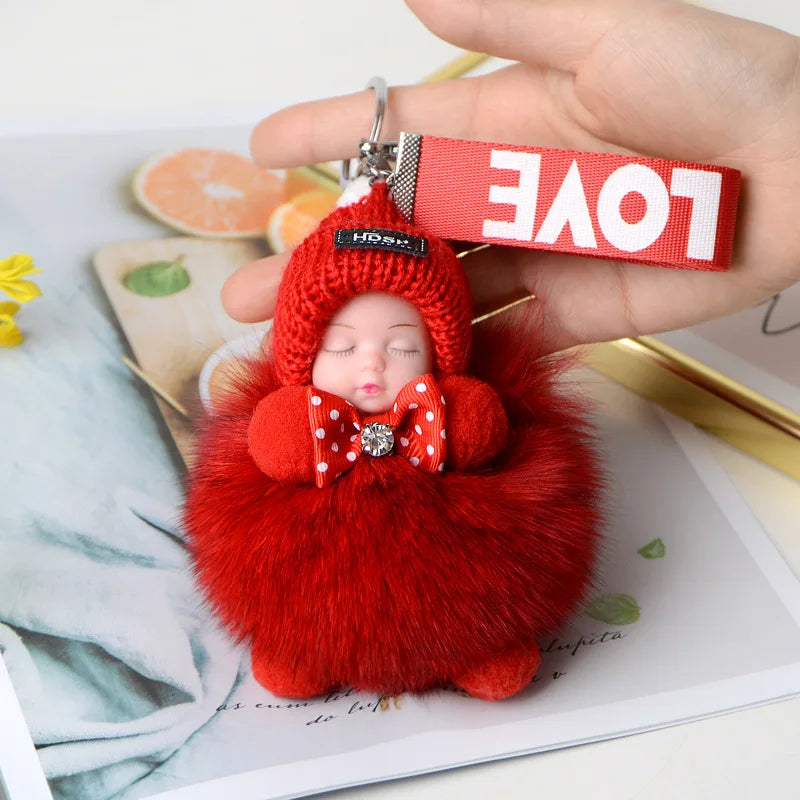 Cute Fluffy Pompom Sleeping Doll Keychain Women's Handbag Car Keyrings Real Fox Fur And Rabbit Fur Charming Gift Decoration