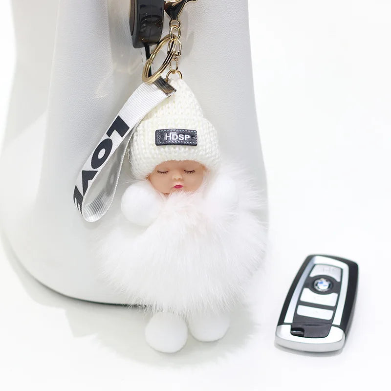 Cute Fluffy Pompom Sleeping Doll Keychain Women's Handbag Car Keyrings Real Fox Fur And Rabbit Fur Charming Gift Decoration