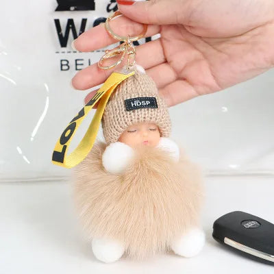 Cute Fluffy Pompom Sleeping Doll Keychain Women's Handbag Car Keyrings Real Fox Fur And Rabbit Fur Charming Gift Decoration