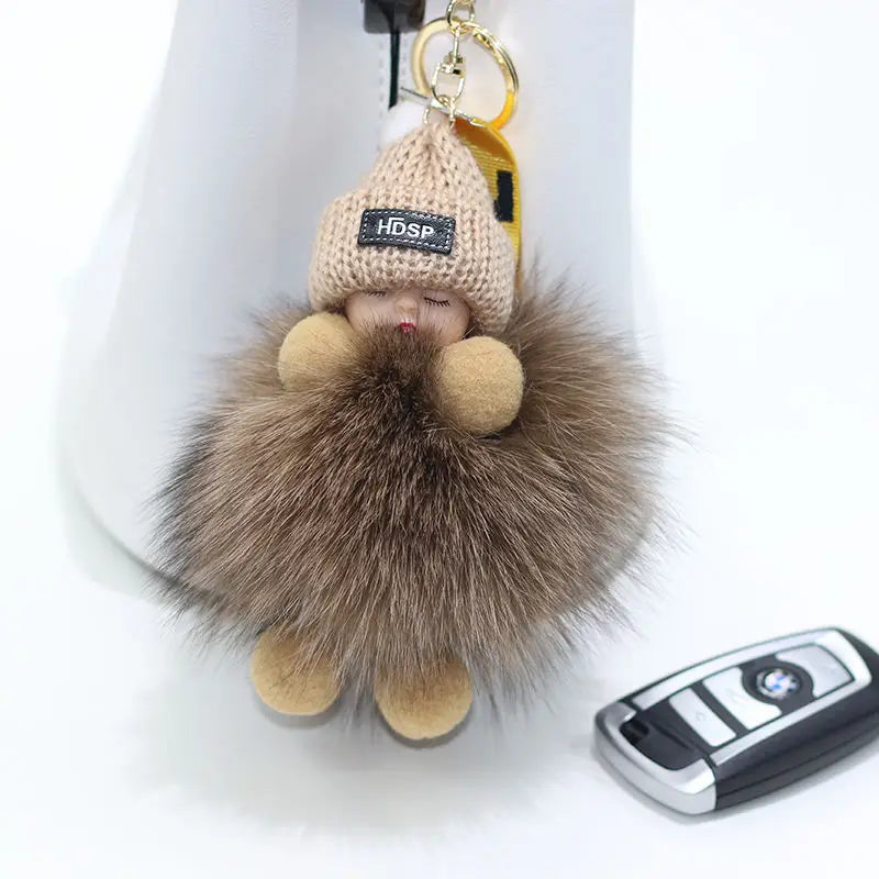 Cute Fluffy Pompom Sleeping Doll Keychain Women's Handbag Car Keyrings Real Fox Fur And Rabbit Fur Charming Gift Decoration