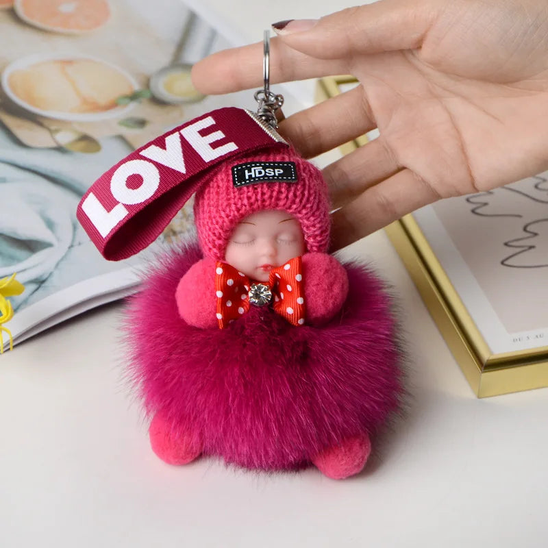 Cute Fluffy Pompom Sleeping Doll Keychain Women's Handbag Car Keyrings Real Fox Fur And Rabbit Fur Charming Gift Decoration
