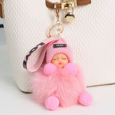 Cute Fluffy Pompom Sleeping Doll Keychain Women's Handbag Car Keyrings Real Fox Fur And Rabbit Fur Charming Gift Decoration