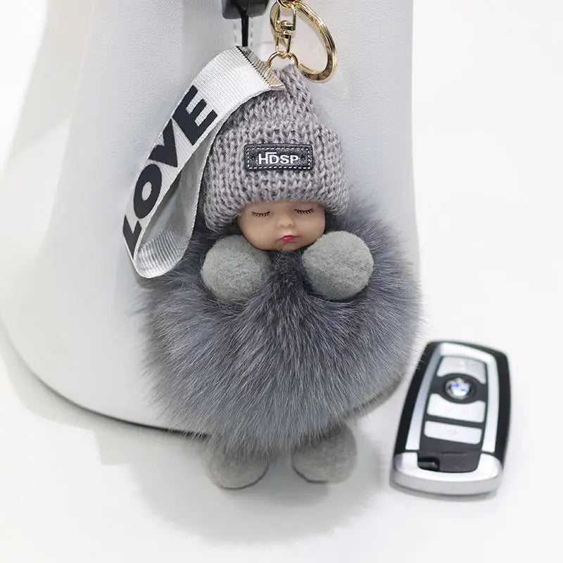 Cute Fluffy Pompom Sleeping Doll Keychain Women's Handbag Car Keyrings Real Fox Fur And Rabbit Fur Charming Gift Decoration