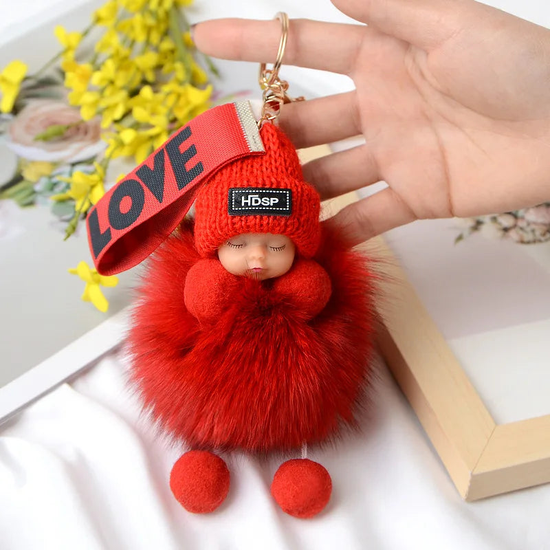Cute Fluffy Pompom Sleeping Doll Keychain Women's Handbag Car Keyrings Real Fox Fur And Rabbit Fur Charming Gift Decoration