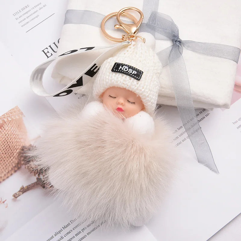 Cute Fluffy Pompom Sleeping Doll Keychain Women's Handbag Car Keyrings Real Fox Fur And Rabbit Fur Charming Gift Decoration