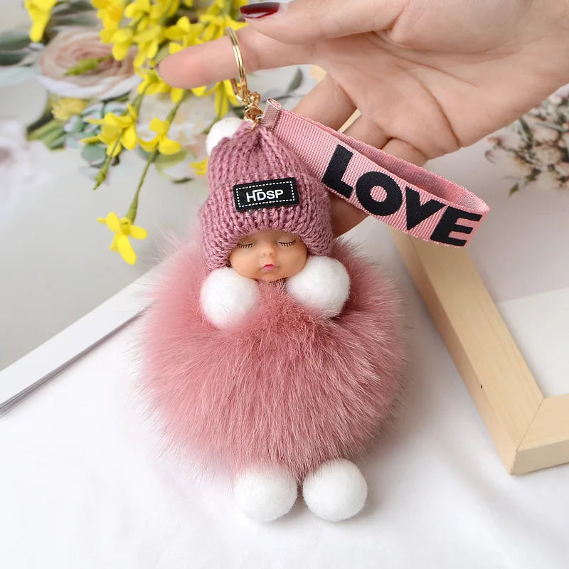 Cute Fluffy Pompom Sleeping Doll Keychain Women's Handbag Car Keyrings Real Fox Fur And Rabbit Fur Charming Gift Decoration