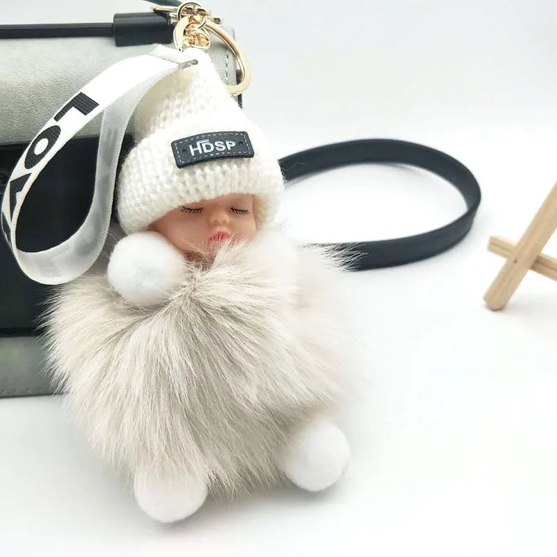 Cute Fluffy Pompom Sleeping Doll Keychain Women's Handbag Car Keyrings Real Fox Fur And Rabbit Fur Charming Gift Decoration