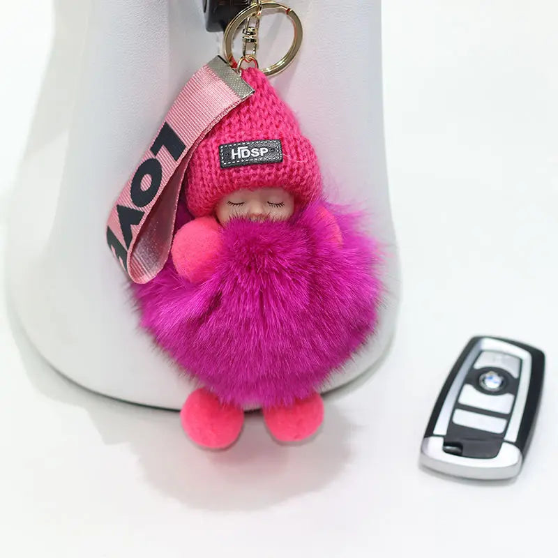 Cute Fluffy Pompom Sleeping Doll Keychain Women's Handbag Car Keyrings Real Fox Fur And Rabbit Fur Charming Gift Decoration