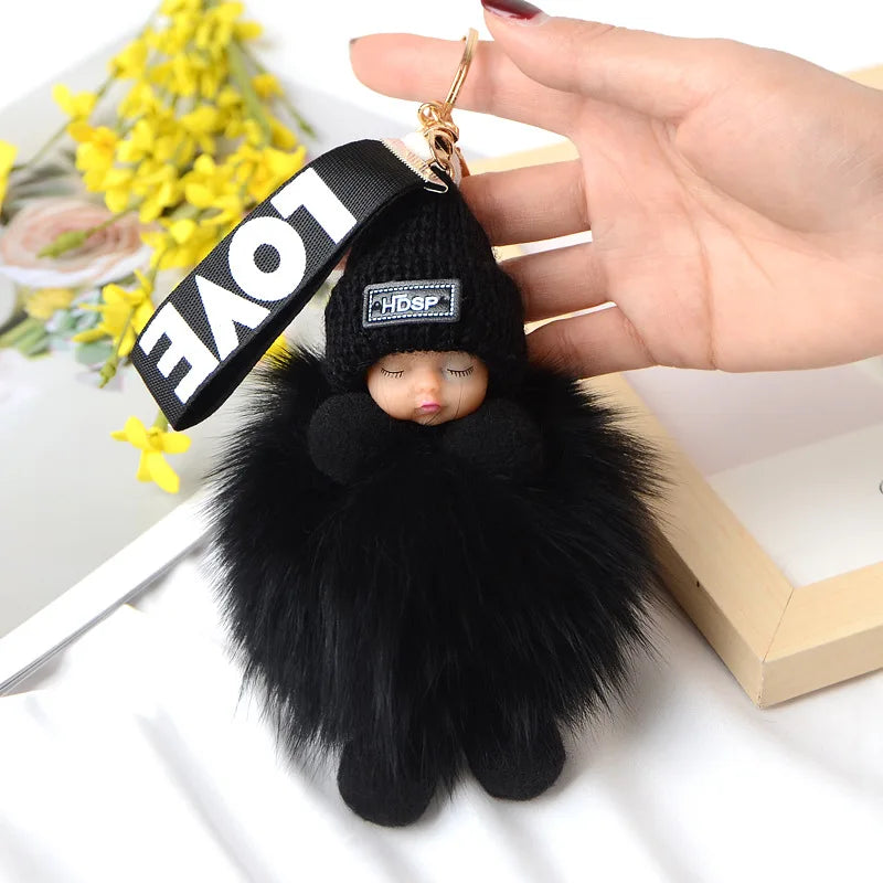 Cute Fluffy Pompom Sleeping Doll Keychain Women's Handbag Car Keyrings Real Fox Fur And Rabbit Fur Charming Gift Decoration