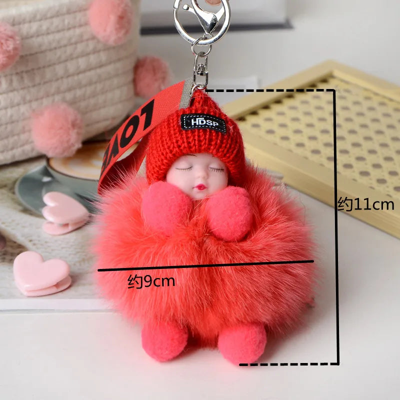 Cute Fluffy Pompom Sleeping Doll Keychain Women's Handbag Car Keyrings Real Fox Fur And Rabbit Fur Charming Gift Decoration