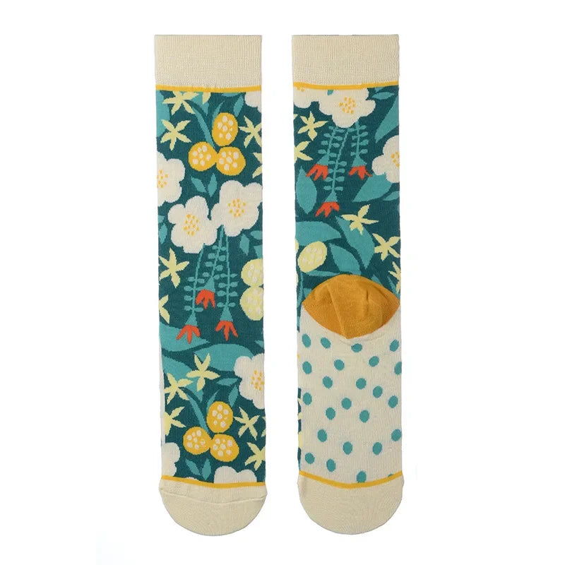Women’s Cotton Cactus & Plant Print Mid-Calf Socks – Spring Summer Autumn Winter Casual Graffiti Socks