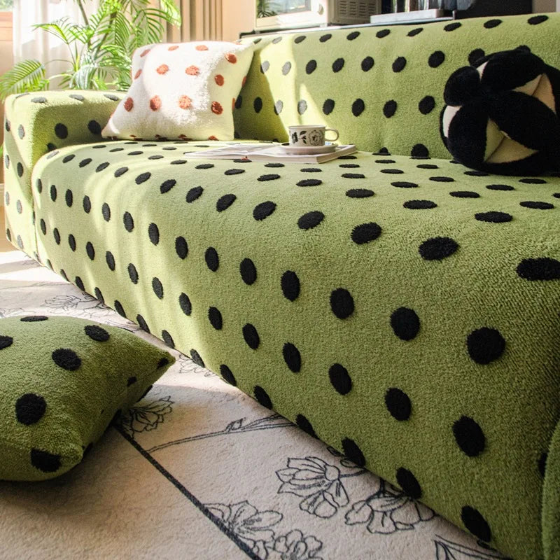 Autumn and Winter Polar Fleece Polka Dot Sofa Cover Stretch Plush Dustroof Couch Covers Easy-Care Furniture Protection Slipcover