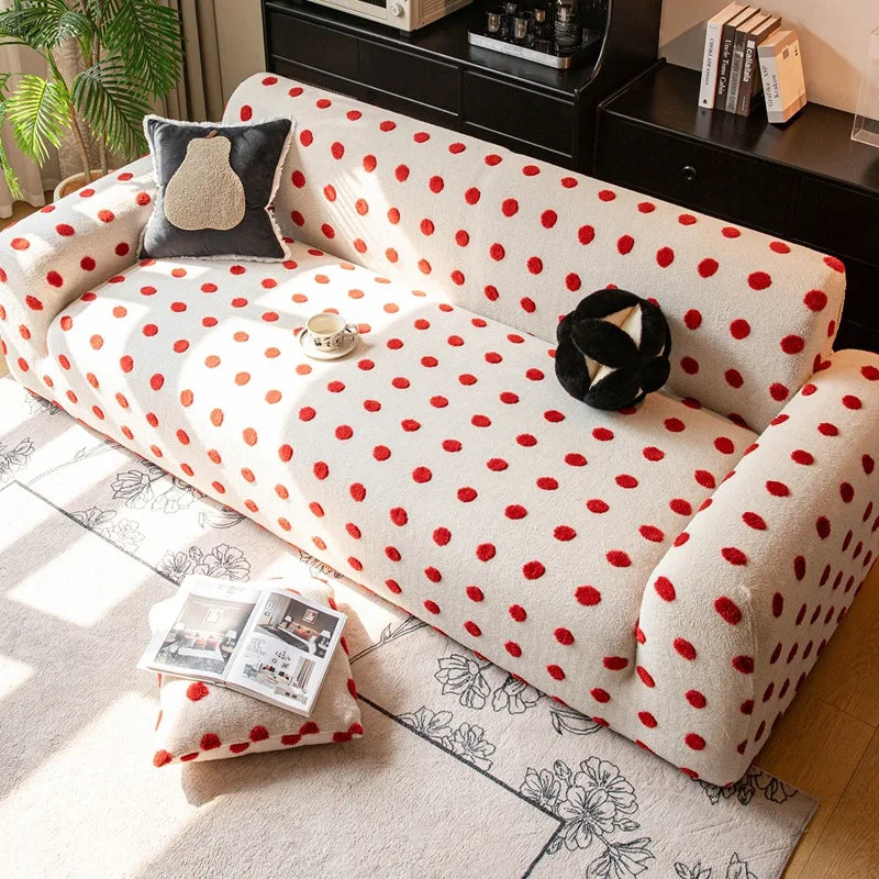 Autumn and Winter Polar Fleece Polka Dot Sofa Cover Stretch Plush Dustroof Couch Covers Easy-Care Furniture Protection Slipcover