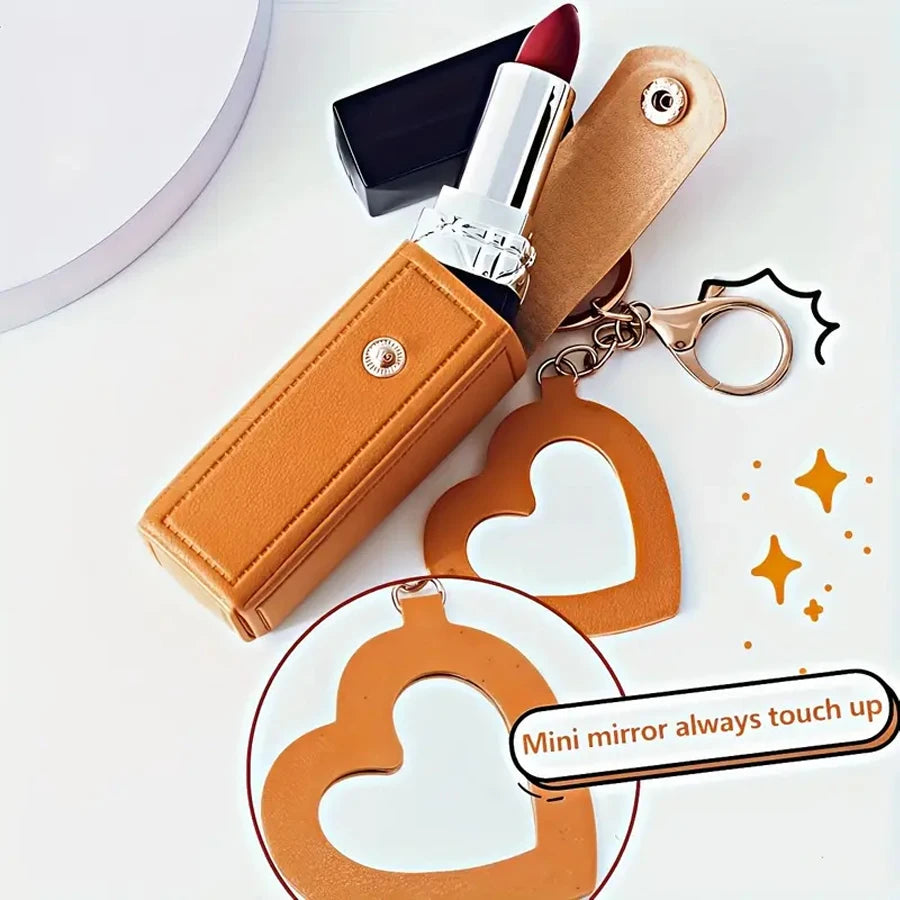 Mini Lipstick Bag with Heart Mirror Keychain – Portable Travel Cosmetic Pouch