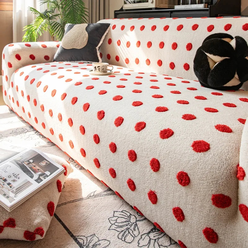 Autumn and Winter Polar Fleece Polka Dot Sofa Cover Stretch Plush Dustroof Couch Covers Easy-Care Furniture Protection Slipcover