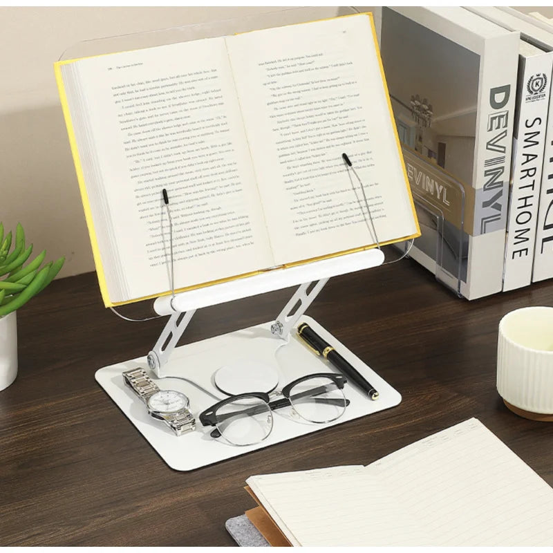 360° Rotating Adjustable Book Stand – Foldable Desktop Reading Stand with Elastic Page Clips