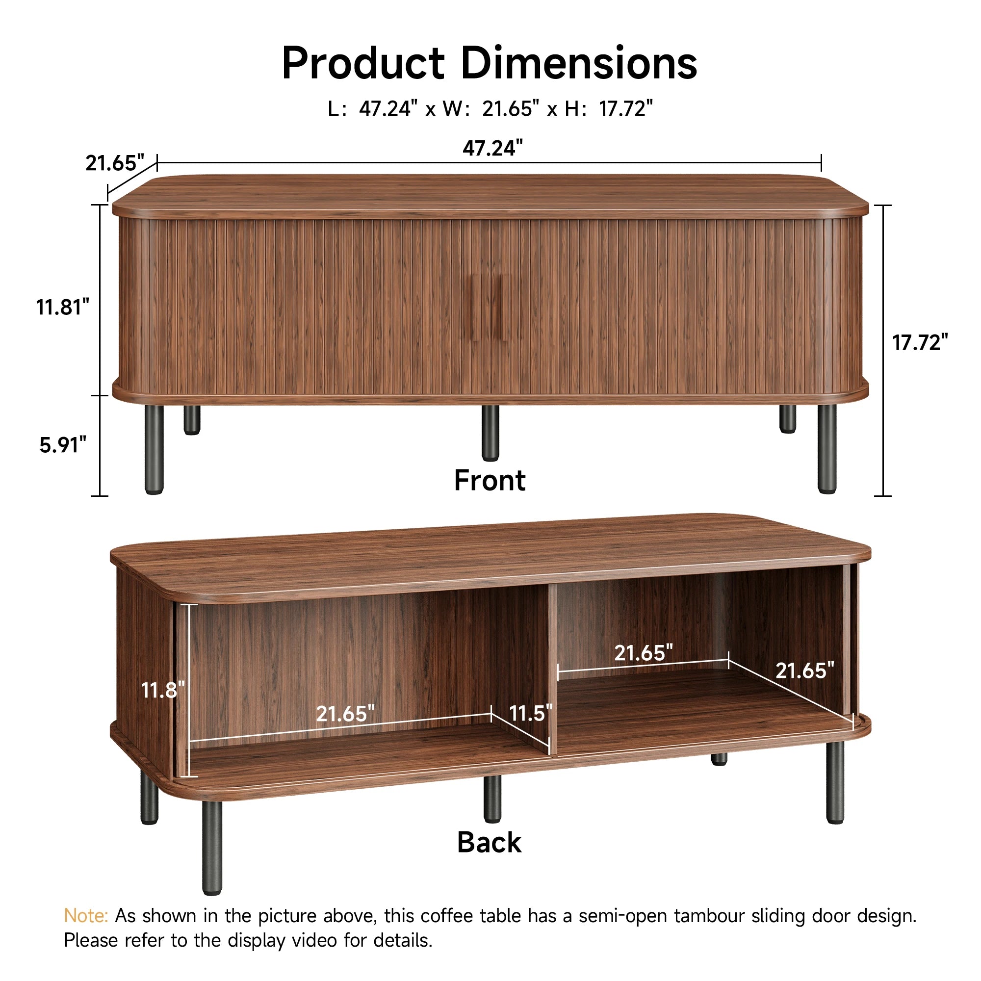 Mid-Century Modern Sliding Tambour Door Coffee Table with Storage – 47.2" Rectangular Wood Center Table