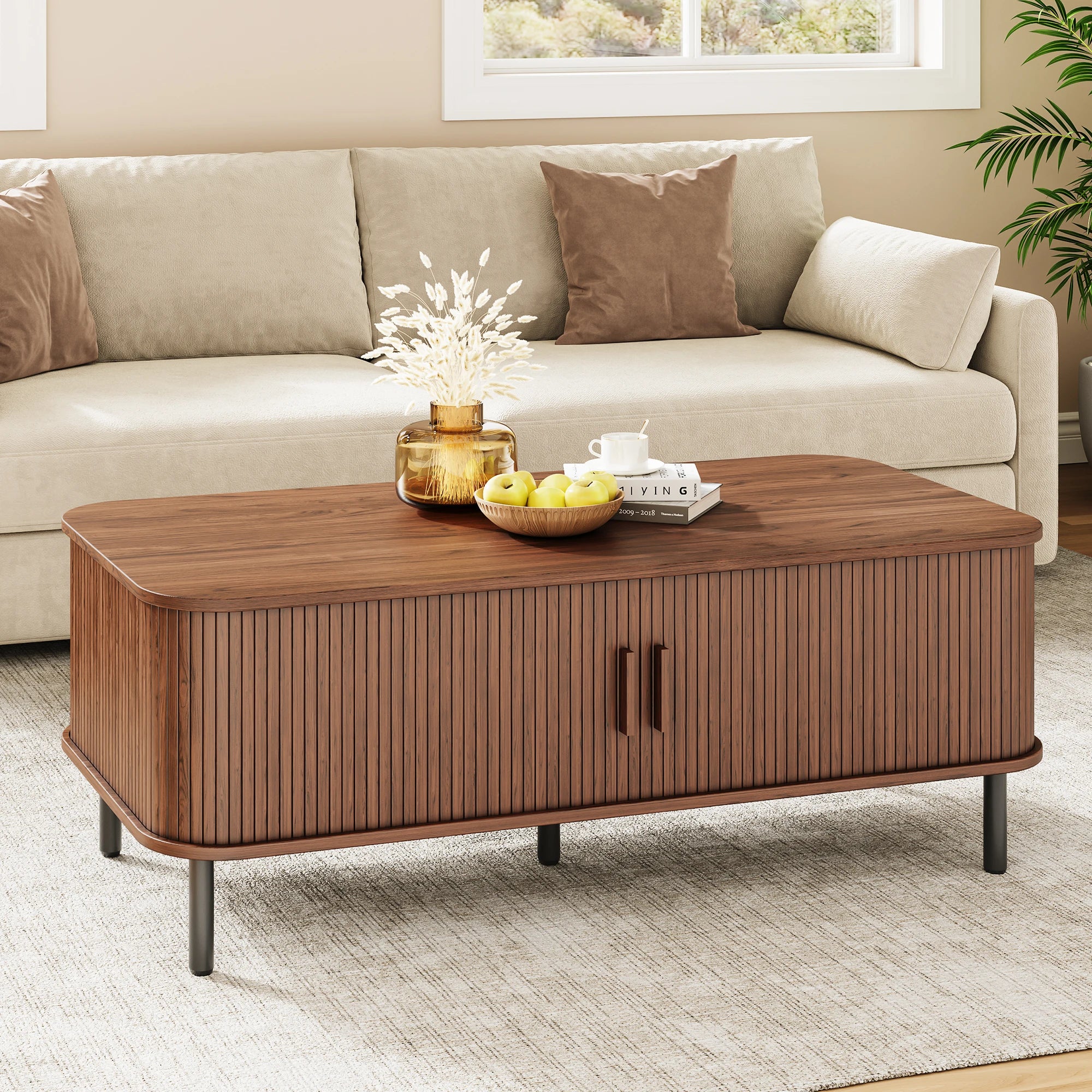 Mid-Century Modern Sliding Tambour Door Coffee Table with Storage – 47.2" Rectangular Wood Center Table