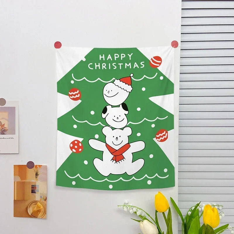 Christmas Wall Hanging Tapestry – Cute Cartoon Holiday Fabric Poster for Home Decoration