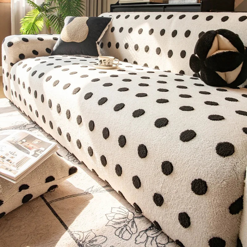 Autumn and Winter Polar Fleece Polka Dot Sofa Cover Stretch Plush Dustroof Couch Covers Easy-Care Furniture Protection Slipcover