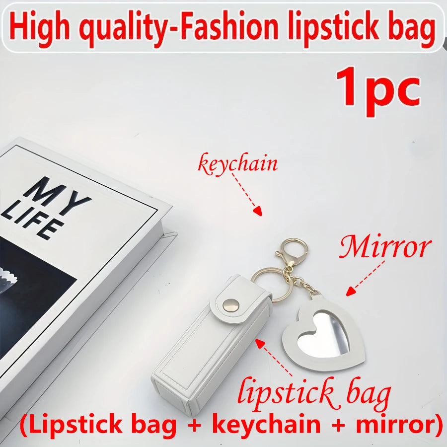 Mini Lipstick Bag with Heart Mirror Keychain – Portable Travel Cosmetic Pouch
