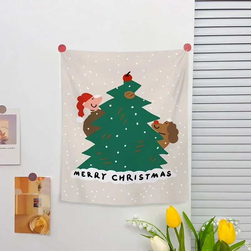 Christmas Wall Hanging Tapestry – Cute Cartoon Holiday Fabric Poster for Home Decoration
