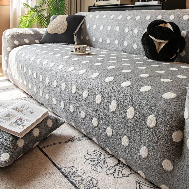 Autumn and Winter Polar Fleece Polka Dot Sofa Cover Stretch Plush Dustroof Couch Covers Easy-Care Furniture Protection Slipcover