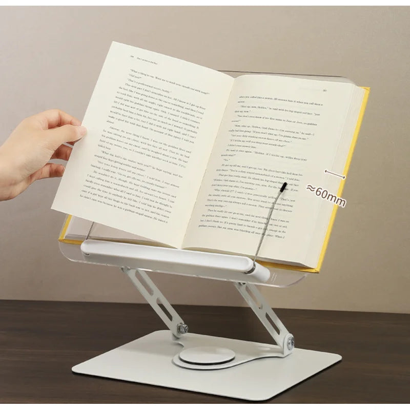 360° Rotating Adjustable Book Stand – Foldable Desktop Reading Stand with Elastic Page Clips
