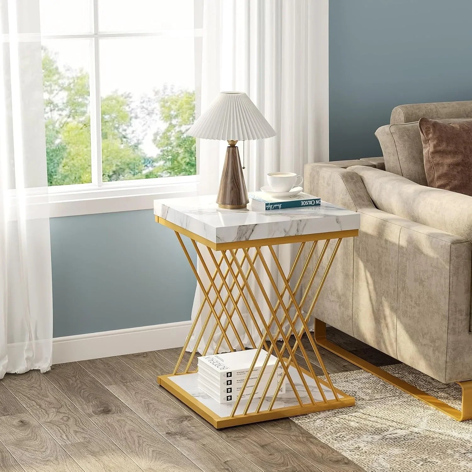Marble White Gold Modern Side End Table – Faux Marble Square Accent Table