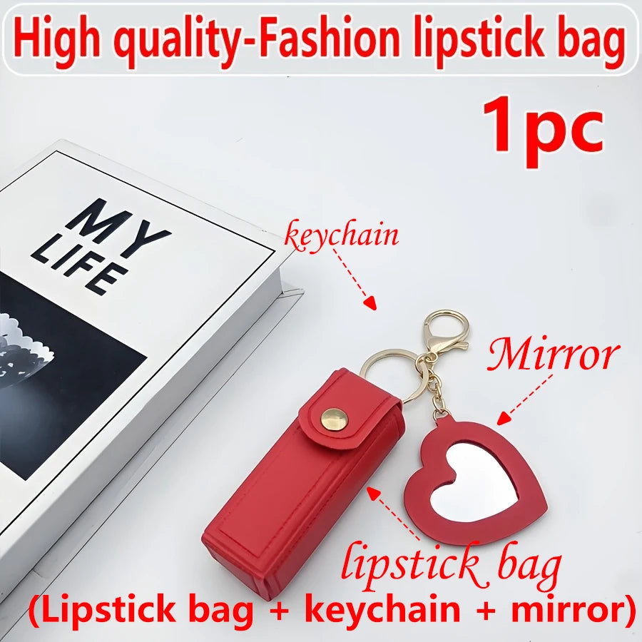 Mini Lipstick Bag with Heart Mirror Keychain – Portable Travel Cosmetic Pouch