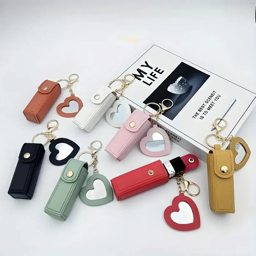 Mini Lipstick Bag with Heart Mirror Keychain – Portable Travel Cosmetic Pouch