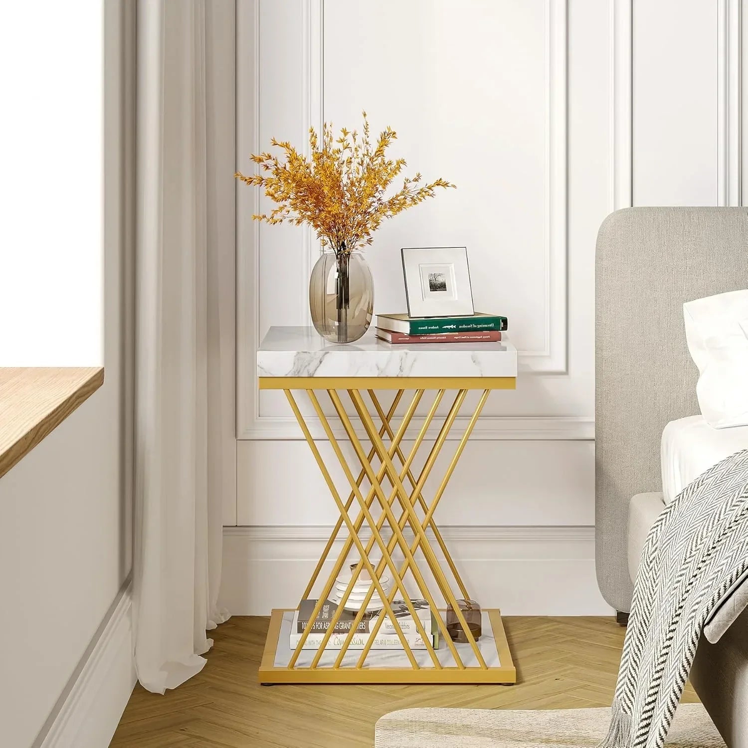 Marble White Gold Modern Side End Table – Faux Marble Square Accent Table