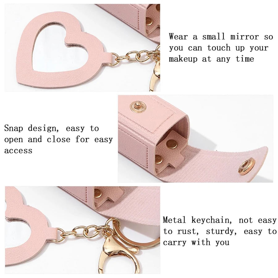Mini Lipstick Bag with Heart Mirror Keychain – Portable Travel Cosmetic Pouch