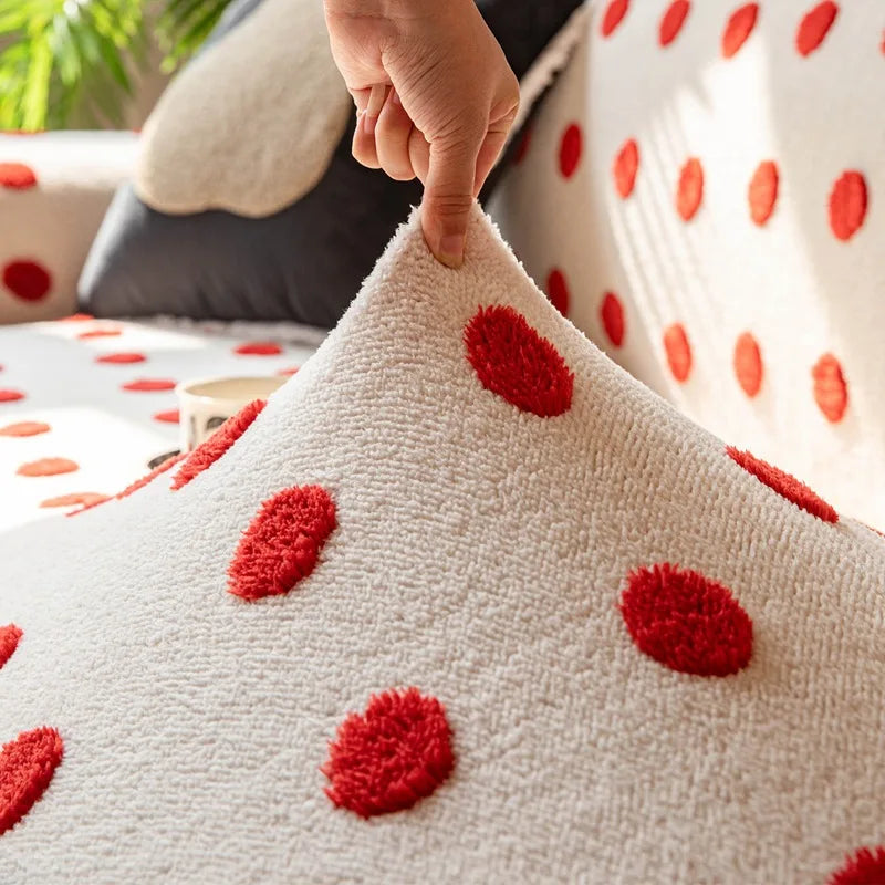 Autumn and Winter Polar Fleece Polka Dot Sofa Cover Stretch Plush Dustroof Couch Covers Easy-Care Furniture Protection Slipcover