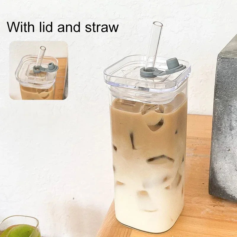 380ml Square Heat-Resistant Glass Cup Set with Lid & Straw
