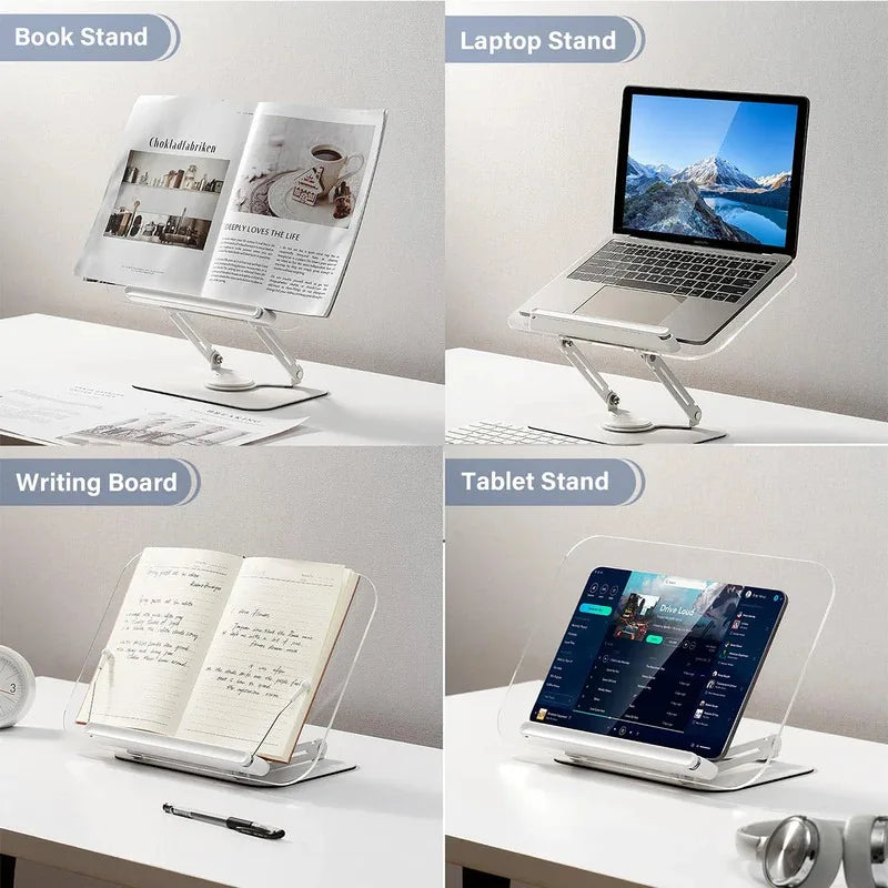 360° Rotating Adjustable Book Stand – Foldable Desktop Reading Stand with Elastic Page Clips