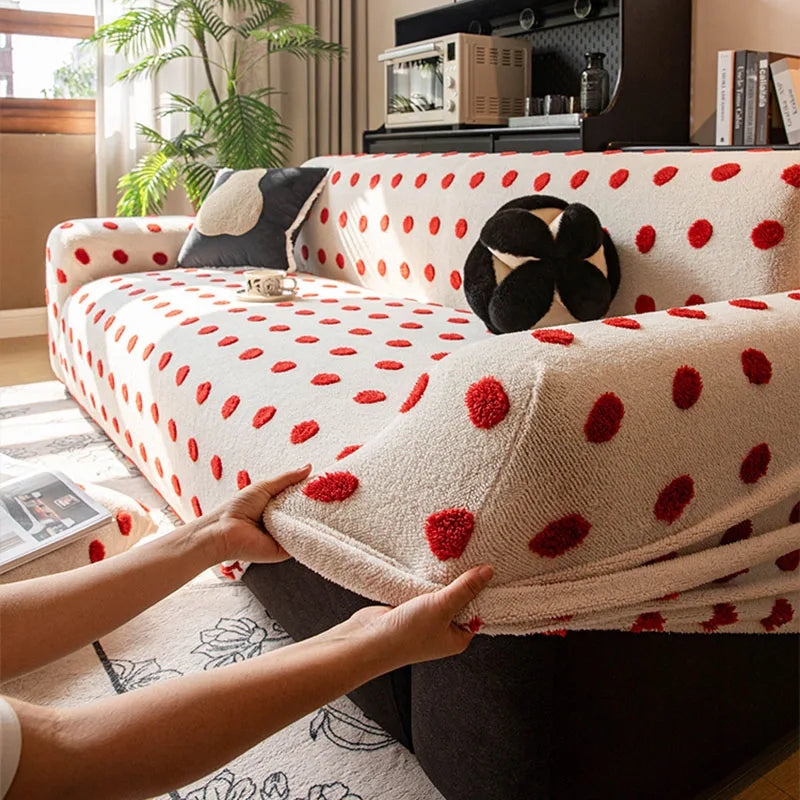 Autumn and Winter Polar Fleece Polka Dot Sofa Cover Stretch Plush Dustroof Couch Covers Easy-Care Furniture Protection Slipcover