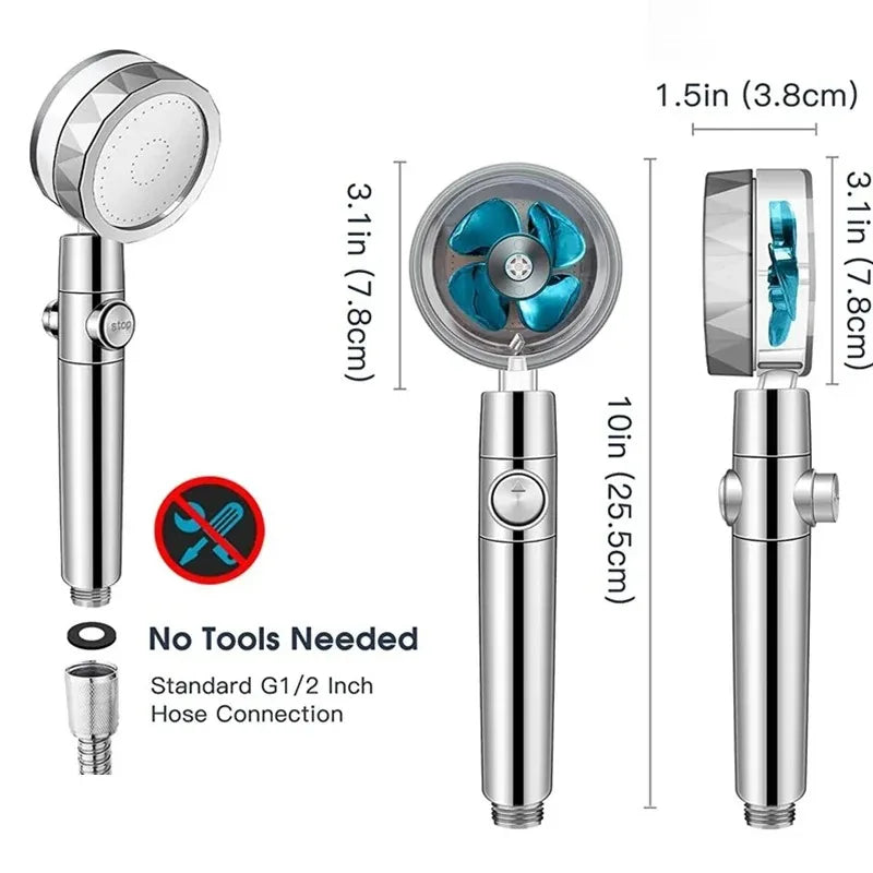 360° Turbo Fan High Pressure Shower Head with Filter – Multi-Mode Water Saving Handheld