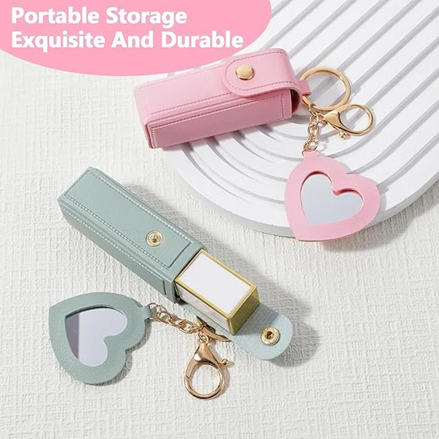 Mini Lipstick Bag with Heart Mirror Keychain – Portable Travel Cosmetic Pouch
