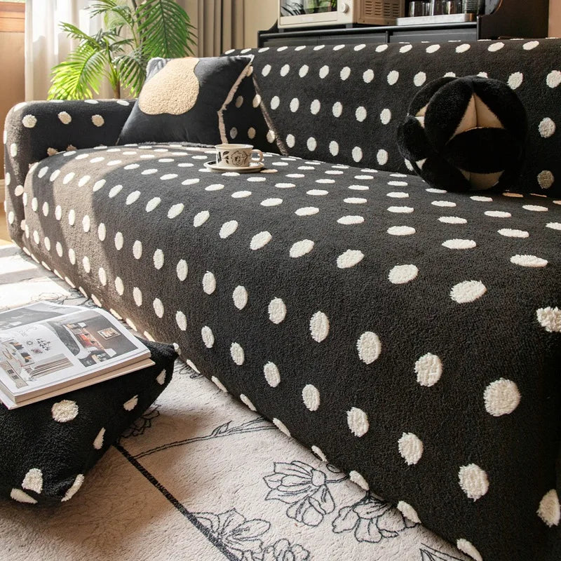 Autumn and Winter Polar Fleece Polka Dot Sofa Cover Stretch Plush Dustroof Couch Covers Easy-Care Furniture Protection Slipcover