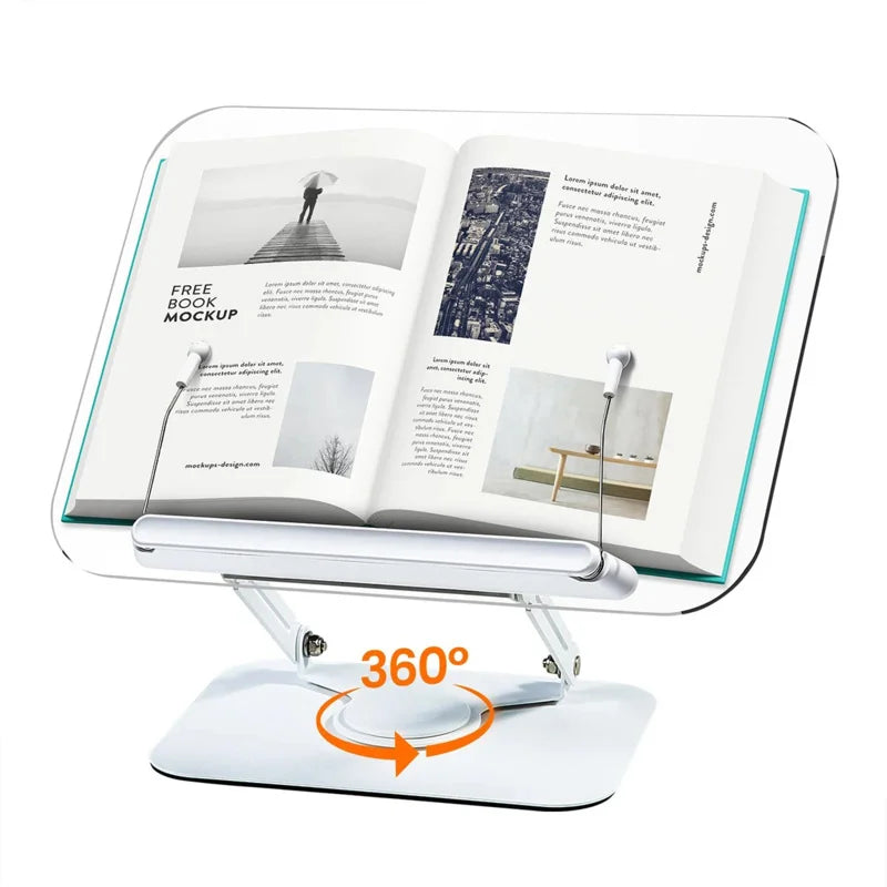 360° Rotating Adjustable Book Stand – Foldable Desktop Reading Stand with Elastic Page Clips