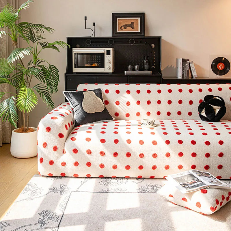 Autumn and Winter Polar Fleece Polka Dot Sofa Cover Stretch Plush Dustroof Couch Covers Easy-Care Furniture Protection Slipcover