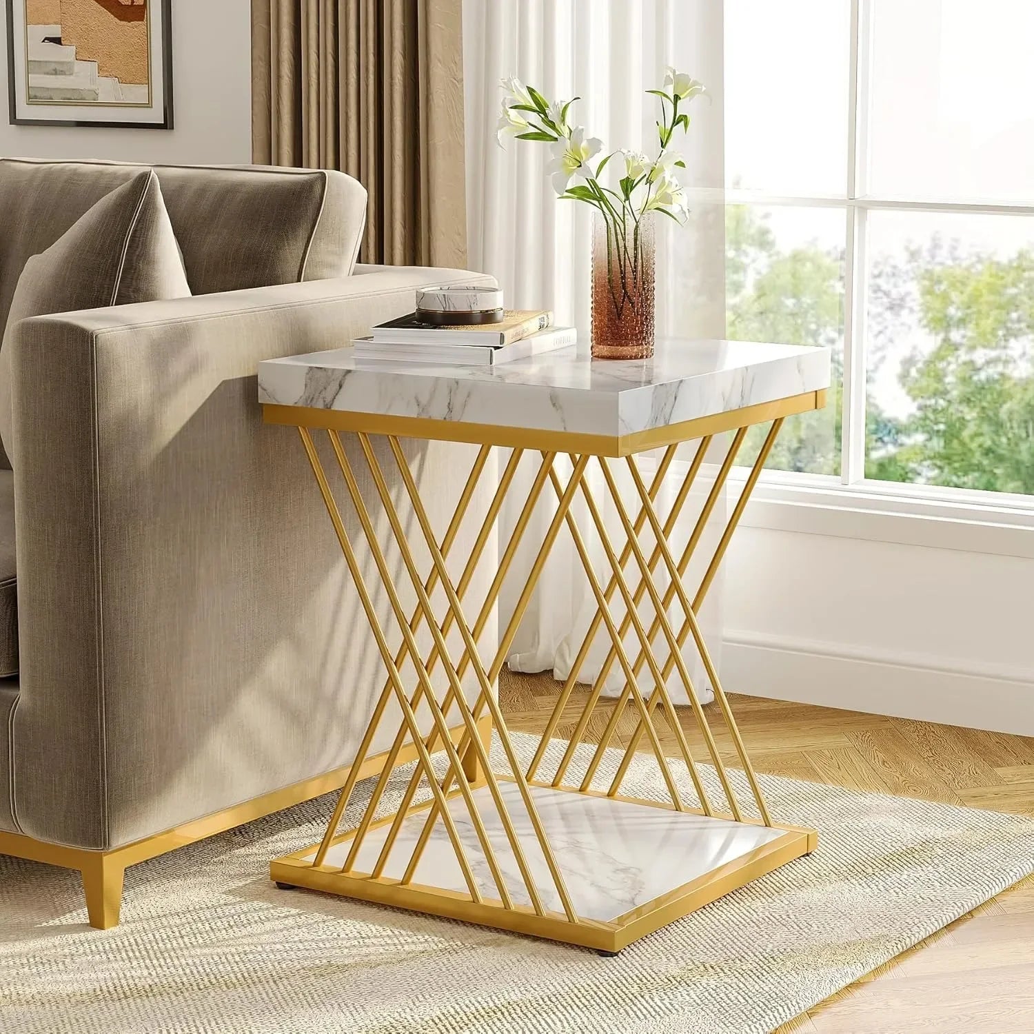 Marble White Gold Modern Side End Table – Faux Marble Square Accent Table