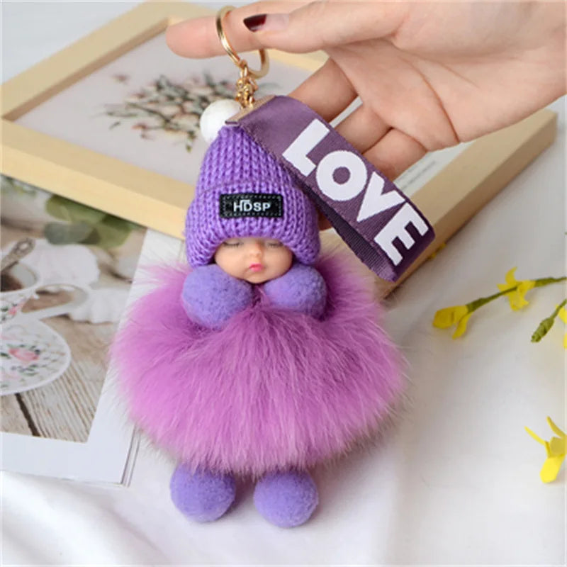 Cute Fluffy Pompom Sleeping Doll Keychain Women's Handbag Car Keyrings Real Fox Fur And Rabbit Fur Charming Gift Decoration