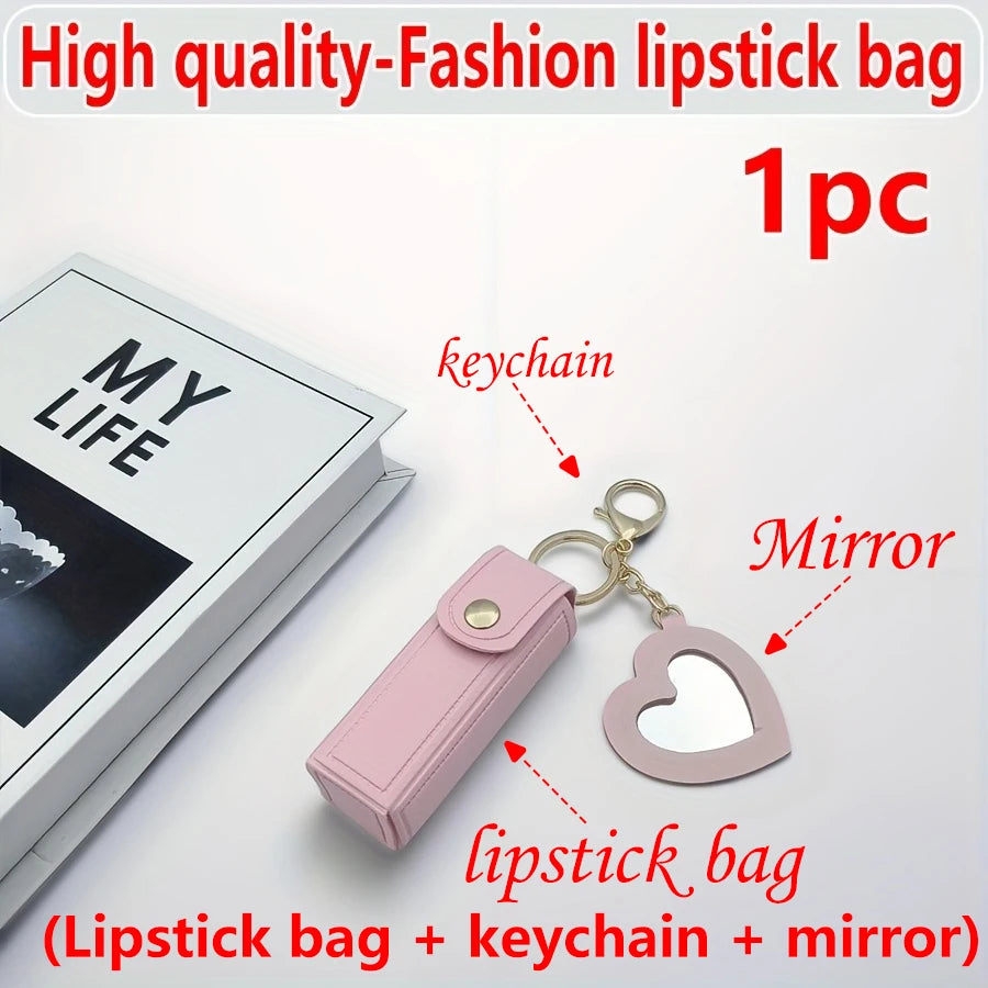 Mini Lipstick Bag with Heart Mirror Keychain – Portable Travel Cosmetic Pouch