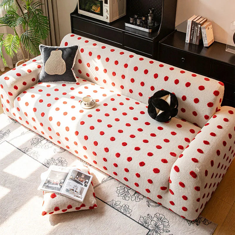 Autumn and Winter Polar Fleece Polka Dot Sofa Cover Stretch Plush Dustroof Couch Covers Easy-Care Furniture Protection Slipcover