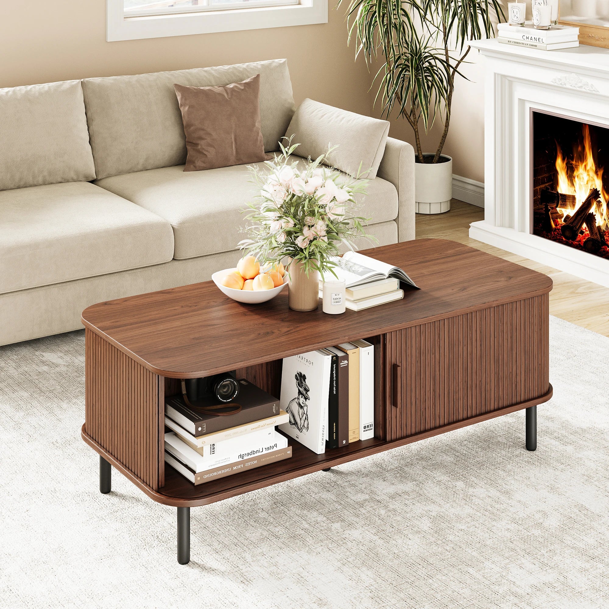 Mid-Century Modern Sliding Tambour Door Coffee Table with Storage – 47.2" Rectangular Wood Center Table